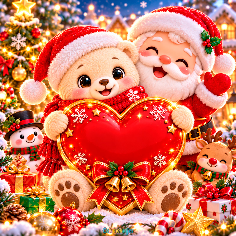 Santa Claus y Osito con Gran Corazón Rojo Navideño