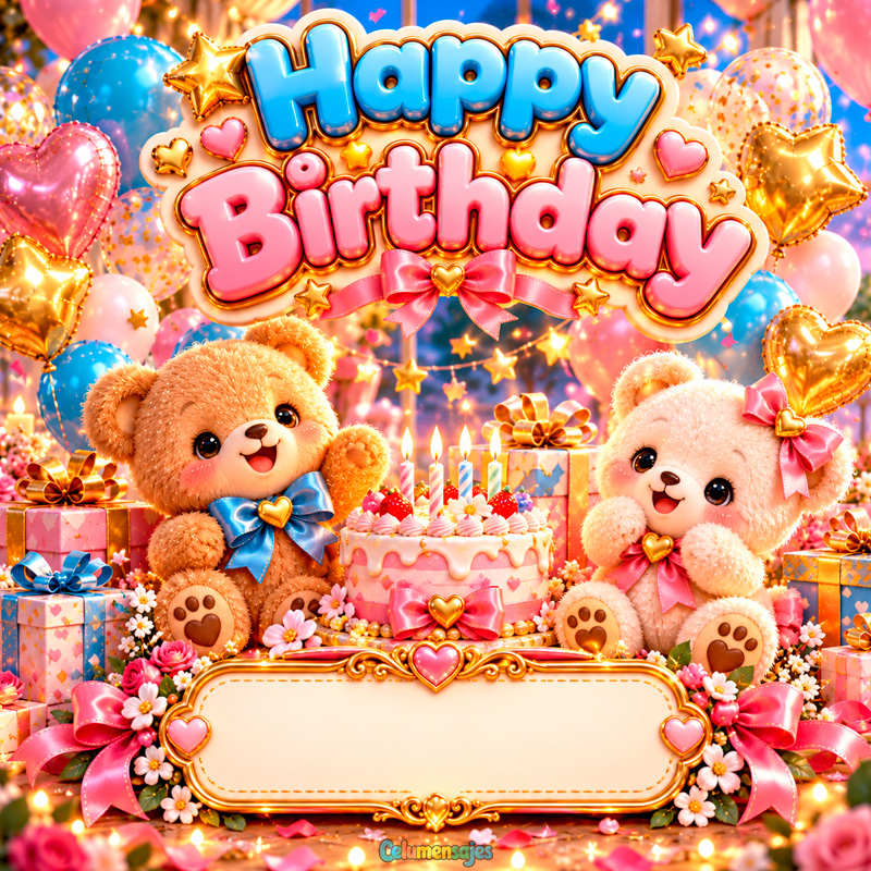 Tiernos Ositos con Pastel y Globos Happy Birthday