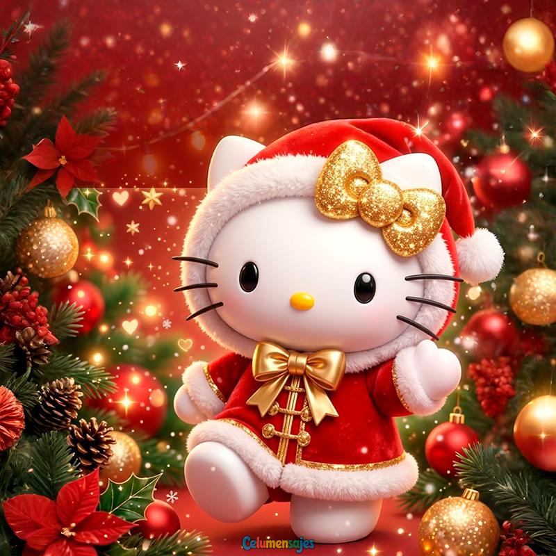 Hello Kitty con Traje de Santa y Moño Dorado Navideño