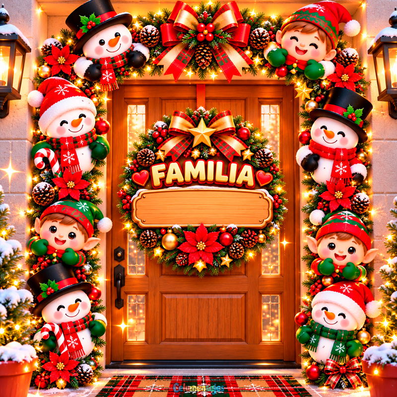 Entrada Navideña Festiva con Muñecos de Nieve y Duendes Familia