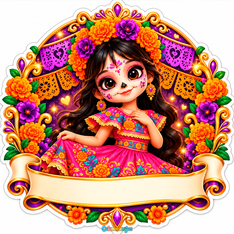 Niña Catrina con Vestido Rosa en Marco Dorado con Cempasúchil