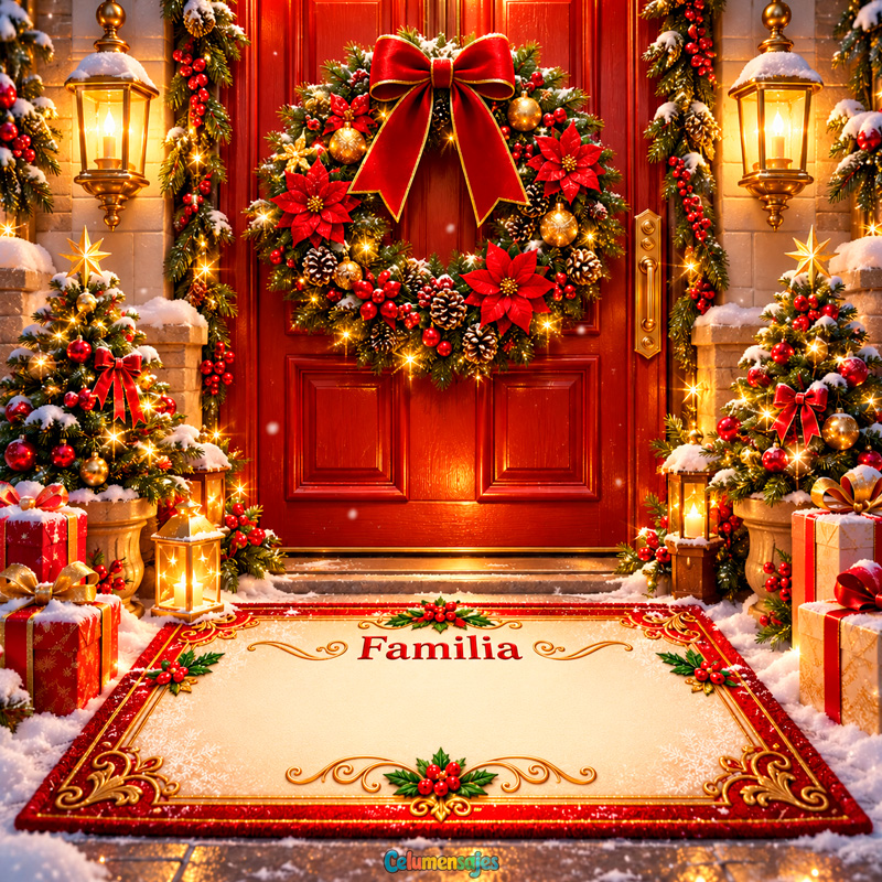 Tapete Navideño Festivo Familia Frente a Puerta Roja