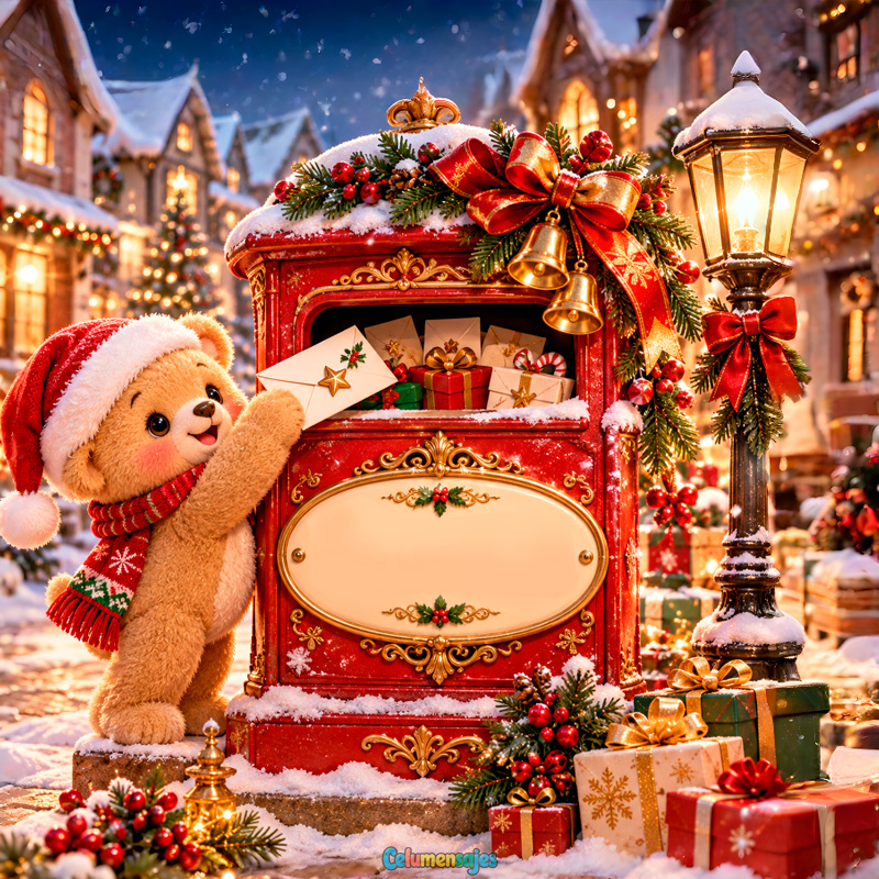 Osito Navideño Enviando Carta a Santa en Buzón Rojo