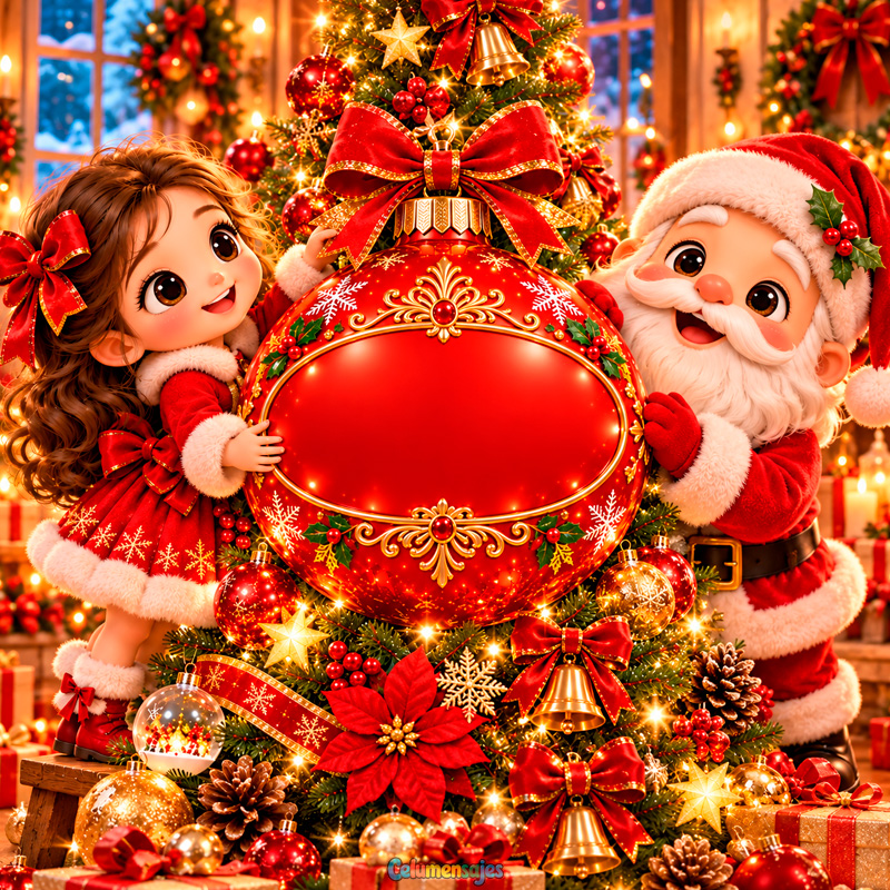 Santa Claus y Niña con Gran Esfera Navideña Roja