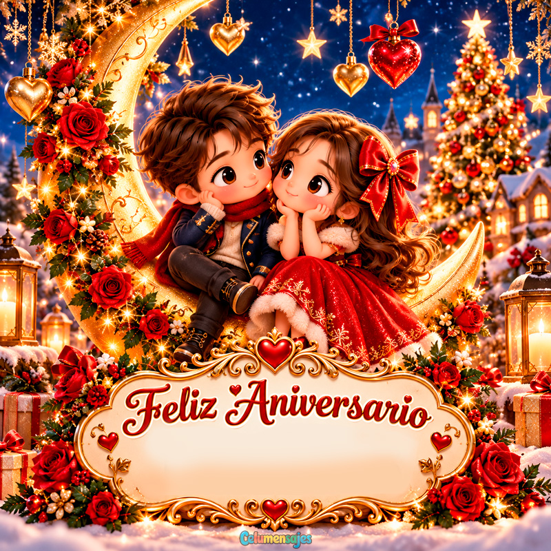 Pareja Feliz Aniversario en Luna Dorada Navideña