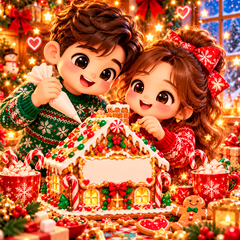 Niños Decorando Casita de Jengibre Navideña con Dulces