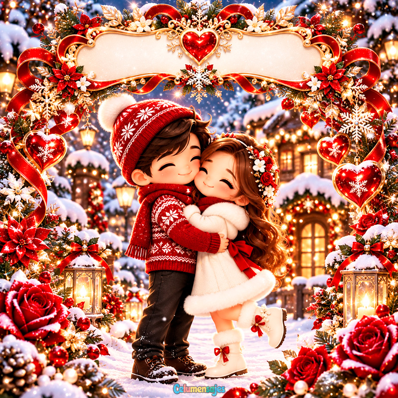 Pareja Enamorada Abrazada en Paisaje Nevado Navideño