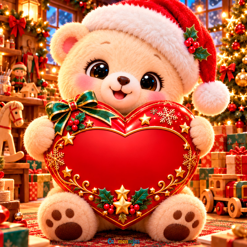 Osito Navideño con Gorro de Santa y Gran Corazón Rojo