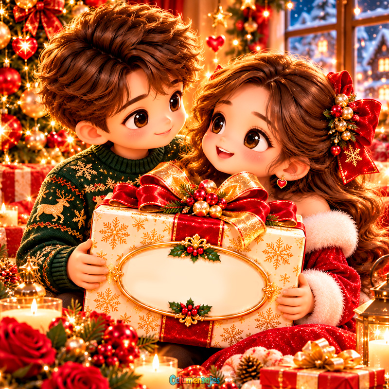 Pareja Navideña Enamorada Sosteniendo Regalo con Lazo Dorado