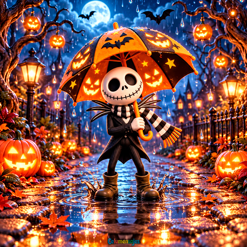 Jack Esqueleto Bajo la Lluvia con Paraguas de Calabaza
