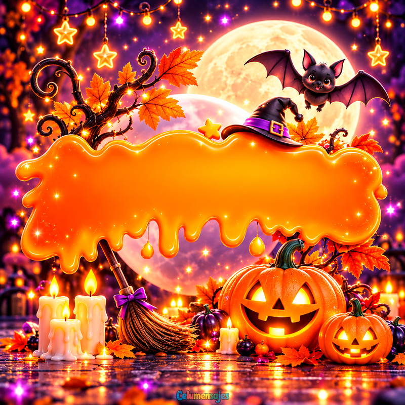 Letrero Naranja Goteante de Halloween con Murciélago y Calabazas
