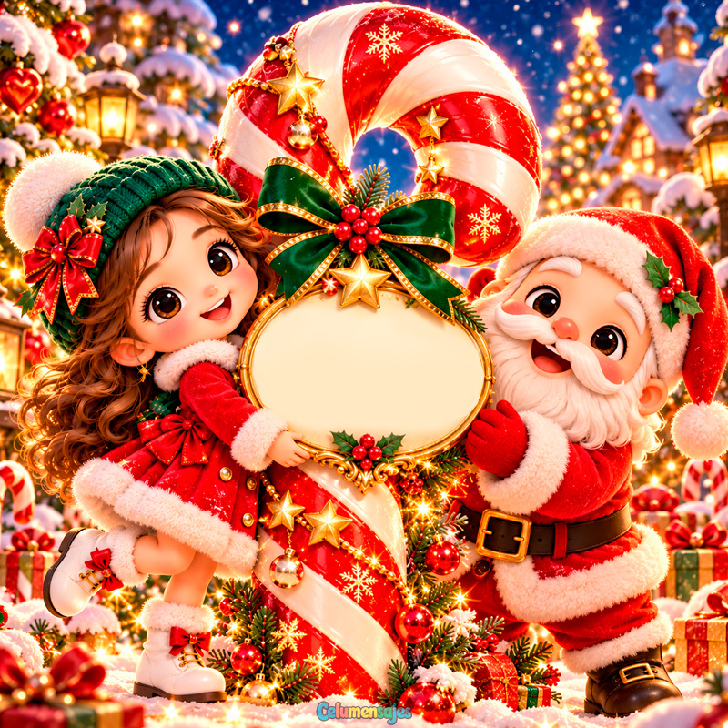 Santa Claus y Niña Navideña con Gran Bastón de Caramelo