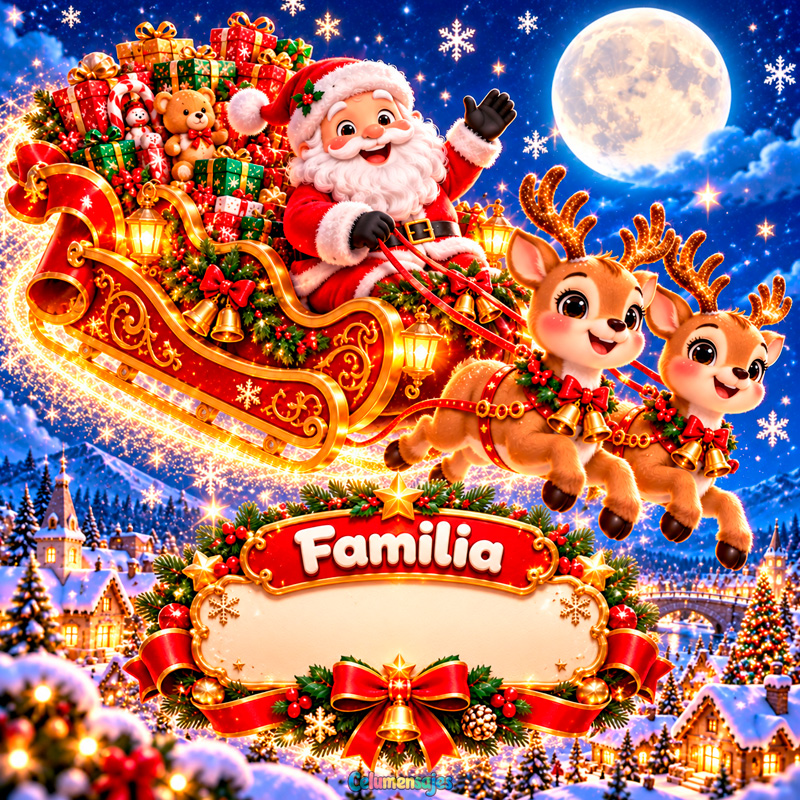 Trineo Volador de Santa Claus con Renos y Luna Llena Familia
