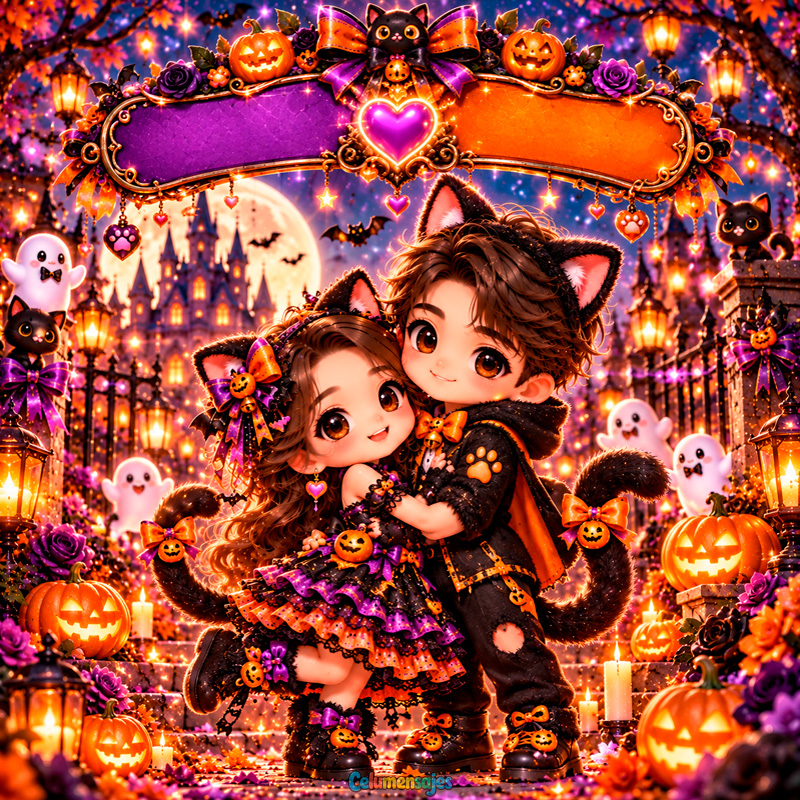 Pareja de Gatitos Negros Disfrazados en Noche de Halloween